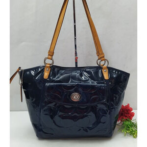 Coach Signature Blue Patent Leather Turnlock Double Handle Tote Shoulder Bag